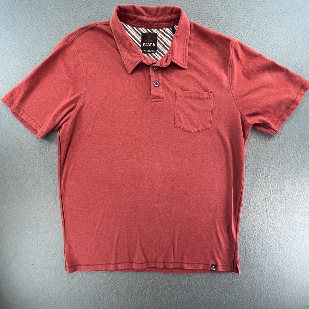 prAna Marco Men Polo Shirt Large Rust Red Organic Cotton Blend Pocket Hiking